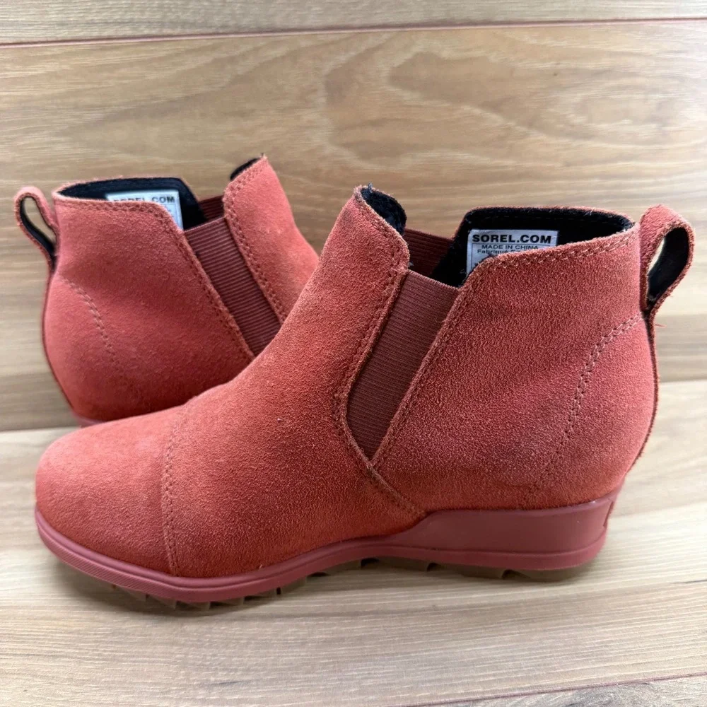 Sorel Evie Ankle Wedge Boots Womens 6 Warp Red‎ Suede Slip On